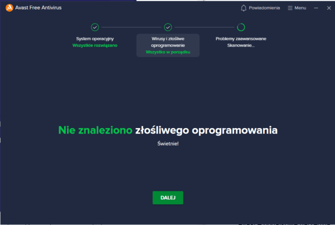 Skanowanie Avast - nie znaleziono złośliwego oprogramowania