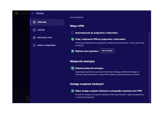 Ustawienia w programie Avast SecureLine VPN