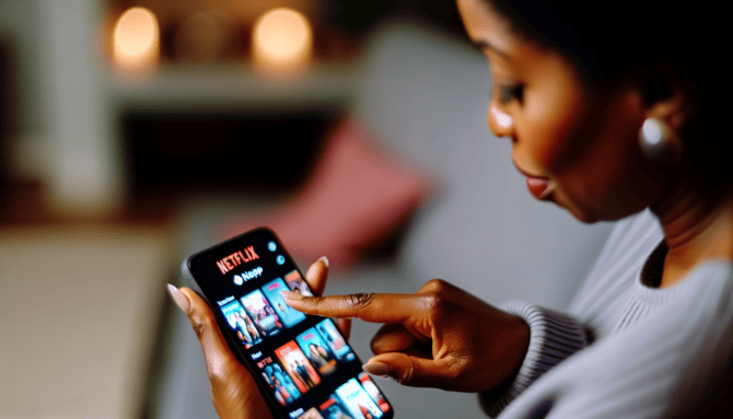 Osoba oglądająca film na aplikacji Netflix na ekranie smartfona