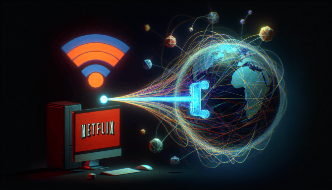 Schemat przedstawiający połączenie z serwerem VPN w celu zmiany kraju na Netflix